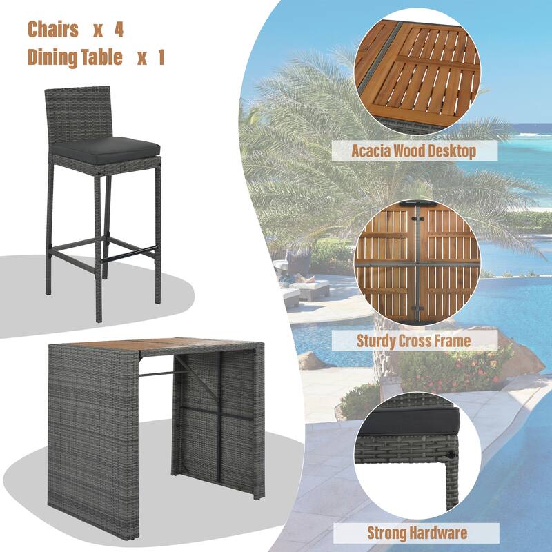 5 Pcs Outdoor Rattan Dining Table and Chairs Set, Patio Conversation Furniture Sets with Height Table and 4 Chairs