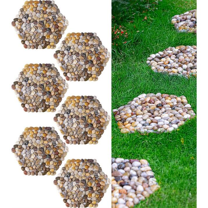 6 Pcs River Rock Stepping Stones, Hexagon Pavers for Garden Walkway