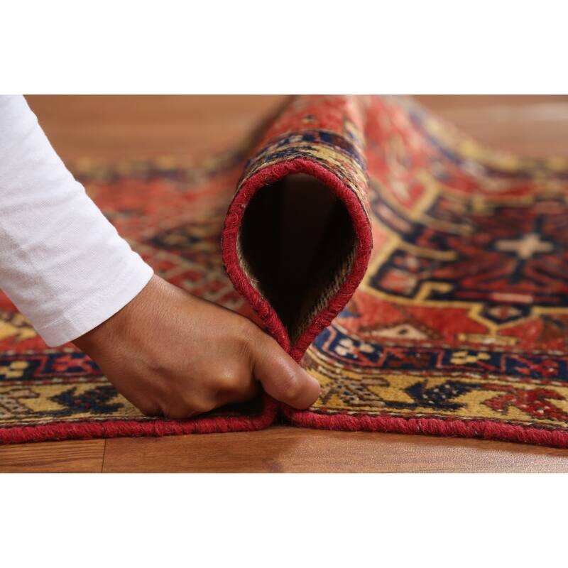 Hand Knotted Oriental 100% Wool Carpet Traditional Geometric Oranges & Rust Heriz Runner Rug - 10' 4'' X 2' 7''