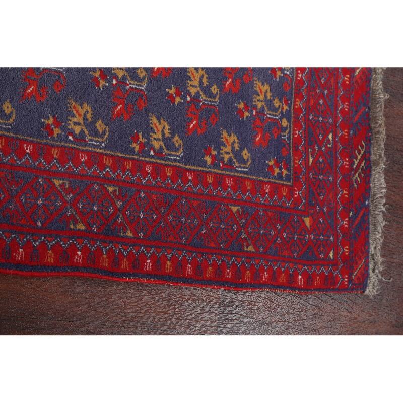 Hand Knotted Oriental 100% Wool Carpet Traditional Floral Navy Blue & Blues Balouch Runner Rug - 9' 5'' X 2' 8''