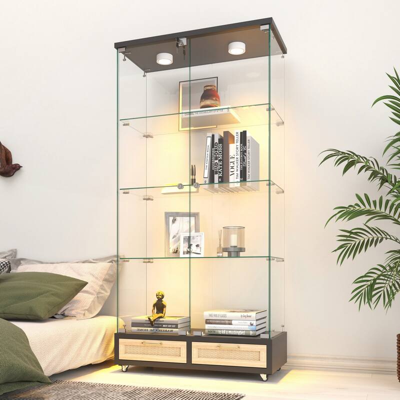 Modern Glass Display Cabinet with Large Drawer for Living Room and Bedroom