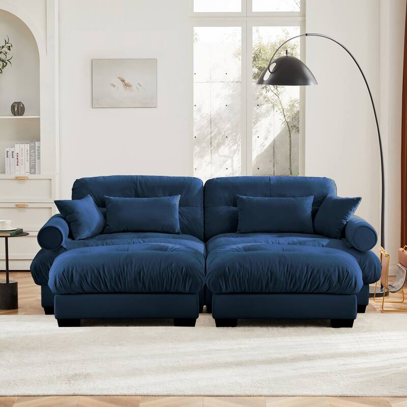 Modern Sectional Couch Comfortable Upholstered Sofa Set with Lumbar Pillow and Throw Pillow for Living Room - 2 Seats + 2 Ottoman - Blue