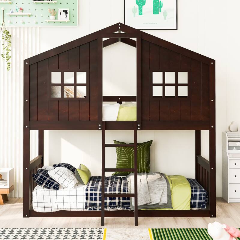 Full Size Loft Bed with Playhouse Design, Built-in Desk and Shelves