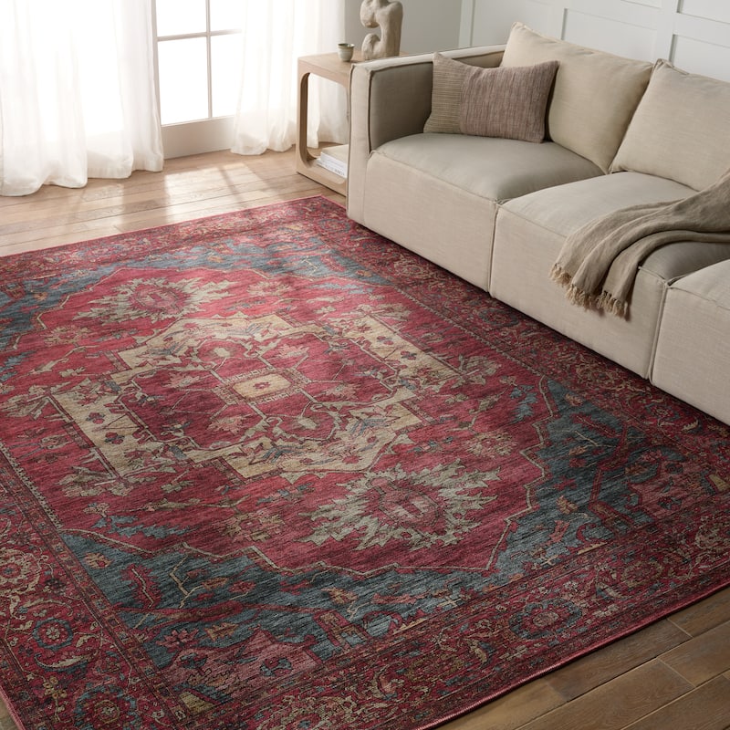 Gloria Machine Washable Medallion Red/ Blue Area Rug