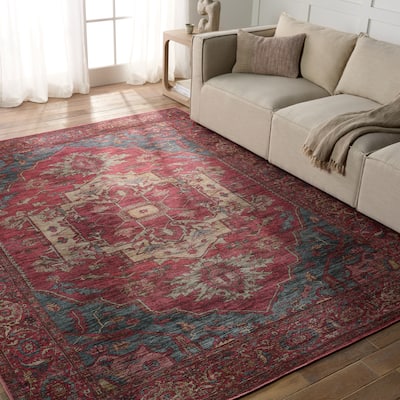 Gloria Machine Washable Medallion Red/ Blue Area Rug