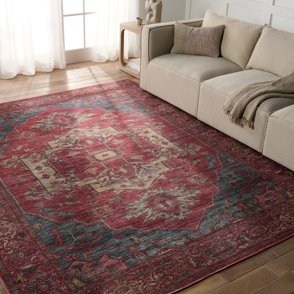Gloria Machine Washable Medallion Red/ Blue Area Rug
