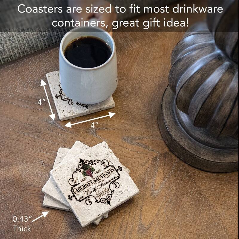 Vin De France 4 Pack Natural Travertine Absorbent Stone Coasters with Protective Cork Backing Manufactured in The USA