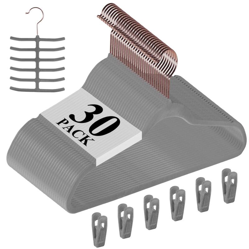 VECELO Mackaylee Velvet Hangers, Non Slip Standard Clothes Hanger Set, Heavy Duty Ivory Hangers(30/50/60/100 Pack) - 30 pack - Grey