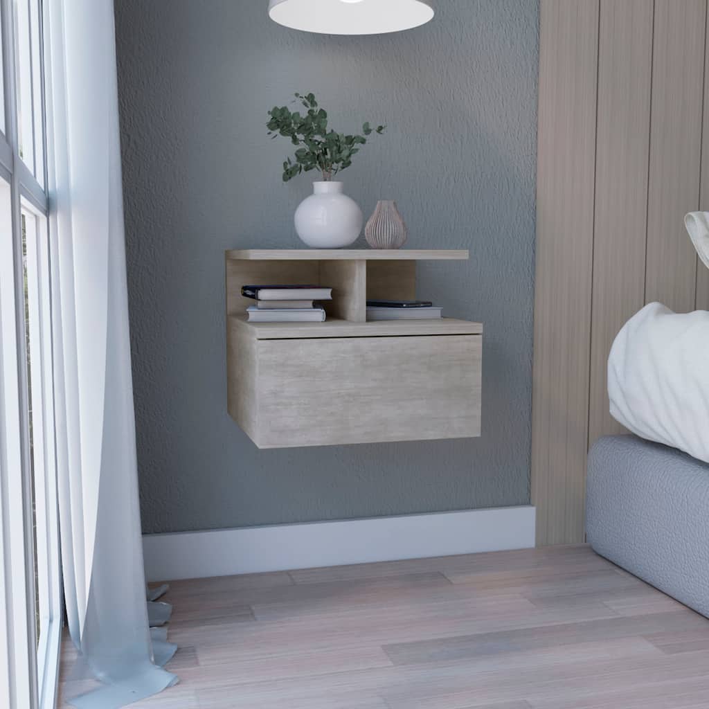 Wall-Mounted Floating Nightstand with Drawer and 2-Tier Shelf, Concrete Gray