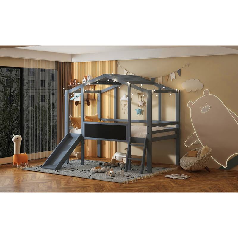 Twin Loft Bed with Slide, Ladder, Blackboard, and Roof Light Strip, Gray