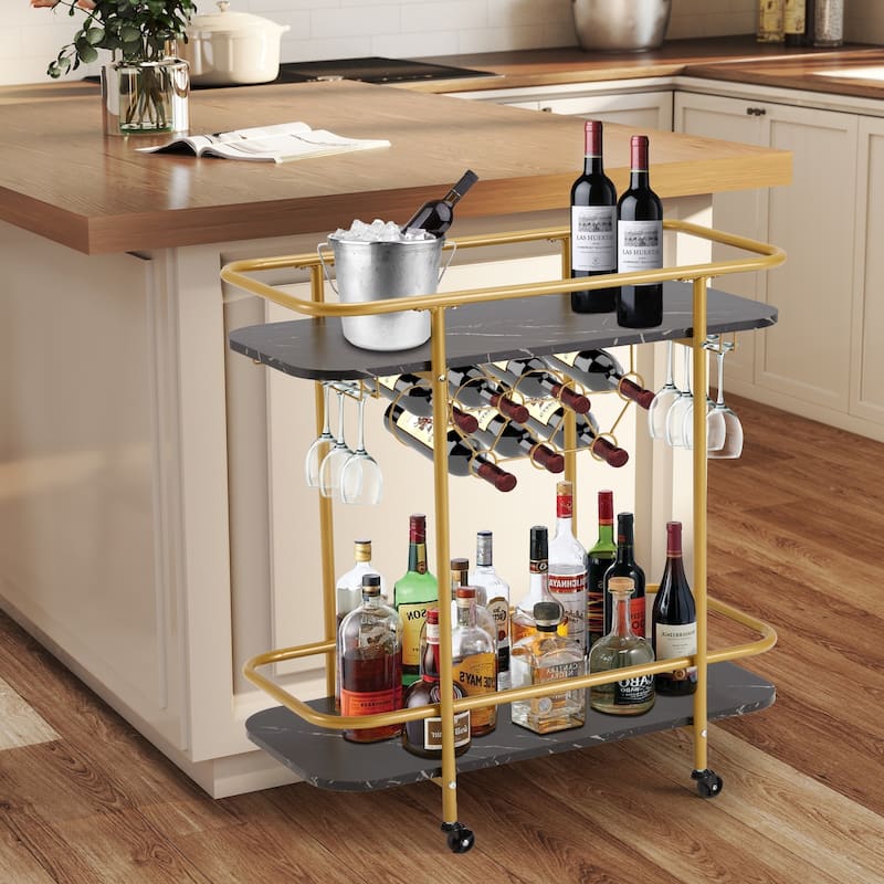 EROMMY Gold Bar Cart with Wheels, Rolling Liquor Cart with Wine Rack and Glass Holder, Modern Bar Trolley for Home Kitchen. - Black Marble Base