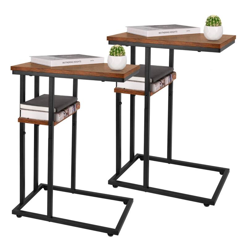C Table End Table Set of 2,Side Table Living Room,C Shaped Side Table,Couch Tables That Slide Under Couch Table with Metal Frame - Brown