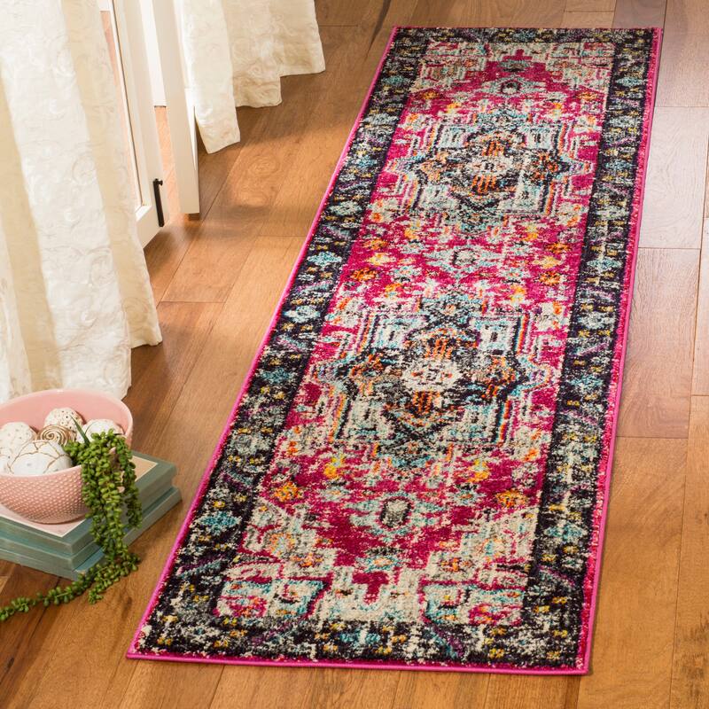 SAFAVIEH Monaco Vela Distressed Boho Rug - 2'2" x 8' Runner - Fuchsia/Grey