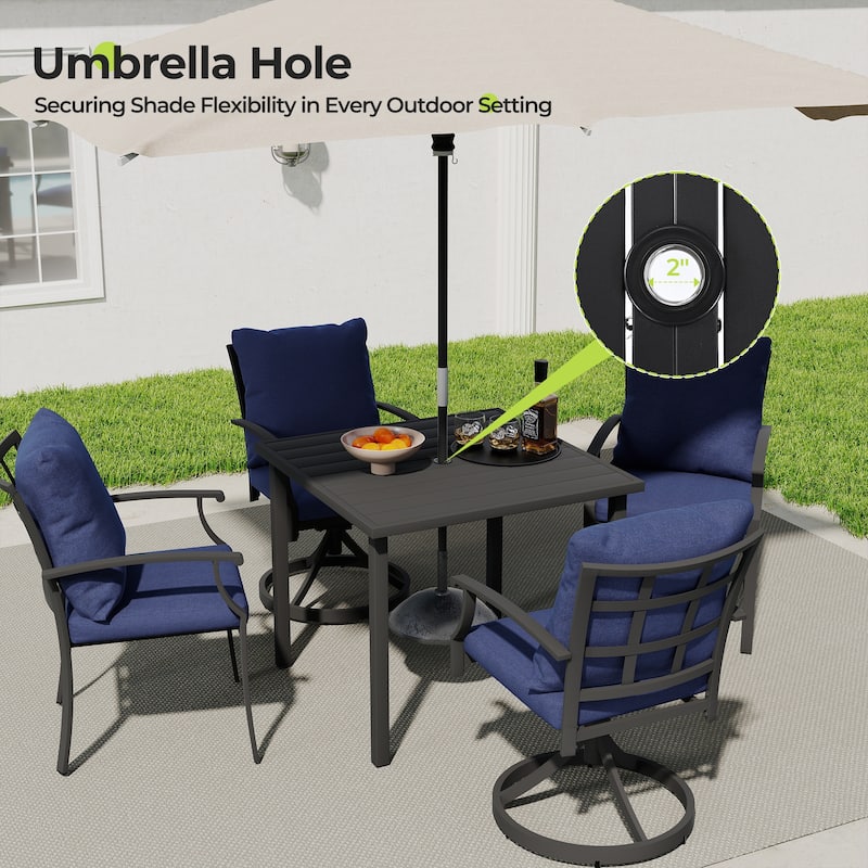 IvyGlow 5-Piece Black Metal Patio Dining Set with Square Table, 2 Swivel Dining Chairs and Gray Cushions