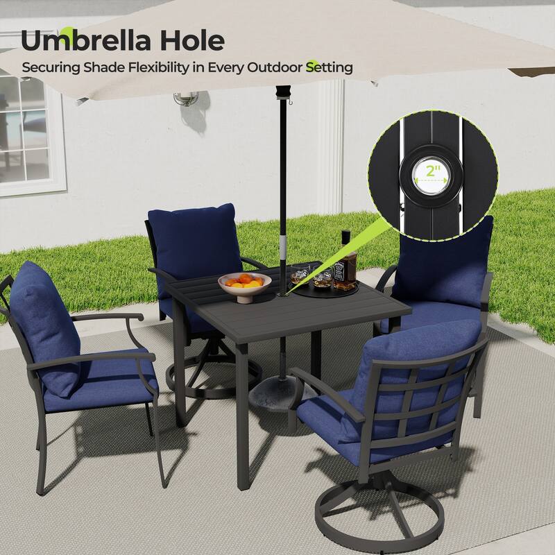 IvyGlow 5-Piece Black Metal Patio Dining Set with Square Table, 4 Swivel Dining Chairs and Gray Cushions