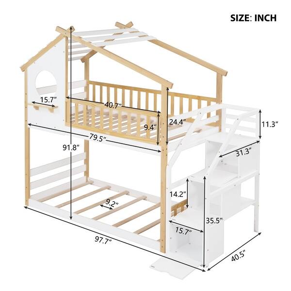 dimension image slide 0 of 2, Stairway Twin over Twin Bunk Bed, House Bed, Storage and Guard Rail, Support with Wooden Boards