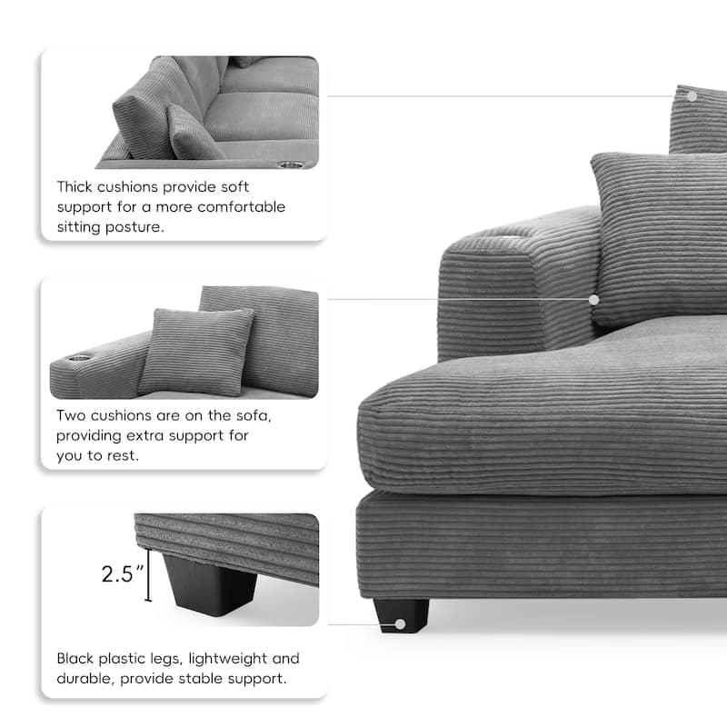 Large L-Shaped Cloud Couch in Gray Corduroy - Deep Seat Sofa Bed with USB, Cup Holder
