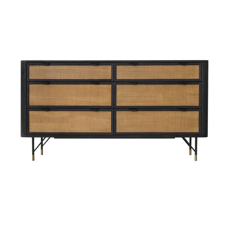 HomeRoots 61" Natural and Black Solid Wood Six Drawer Double Dresser