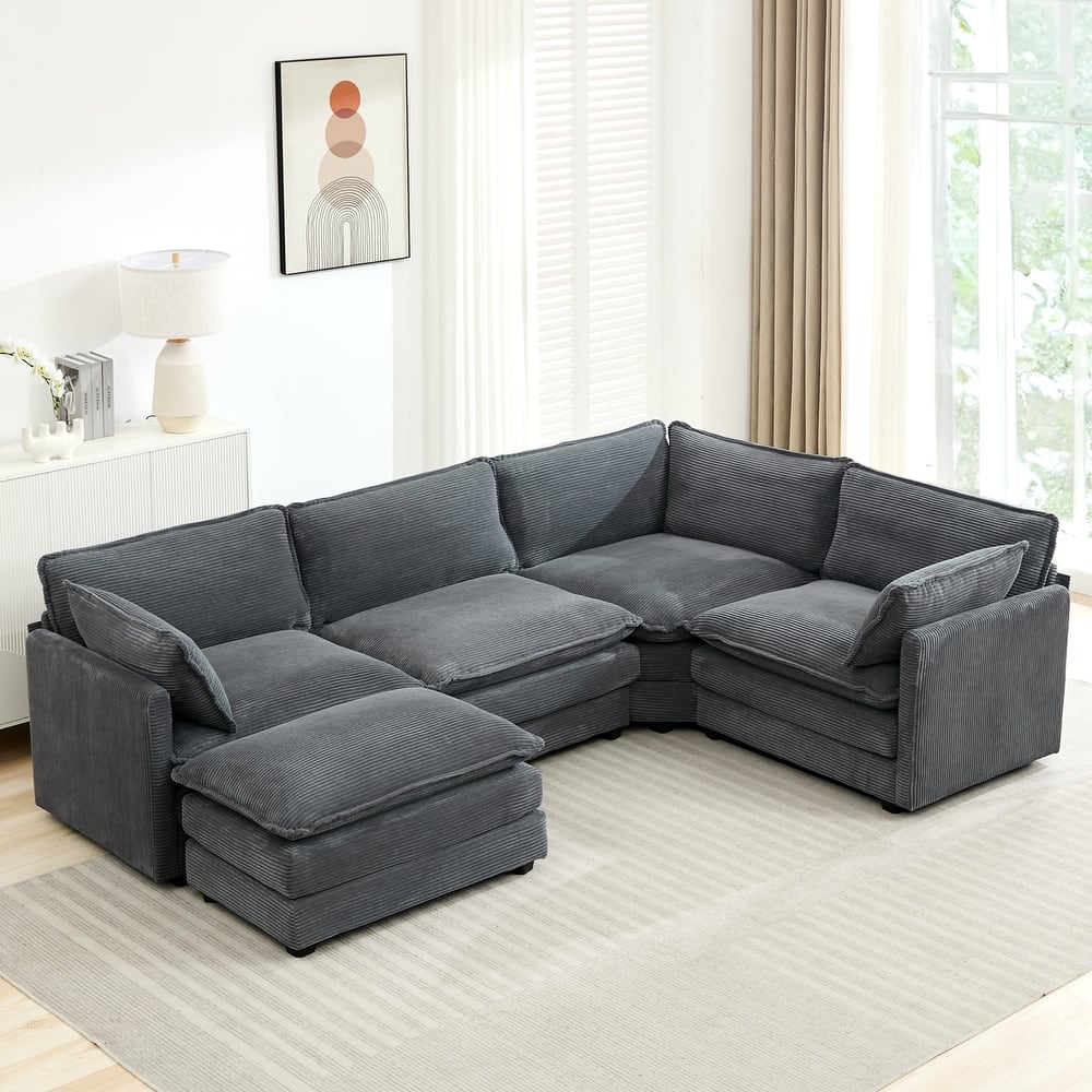 Multi-Seater Corduroy Sectional Sofa with Removable Ottomans & Corner Seat, Soft & Comfortable