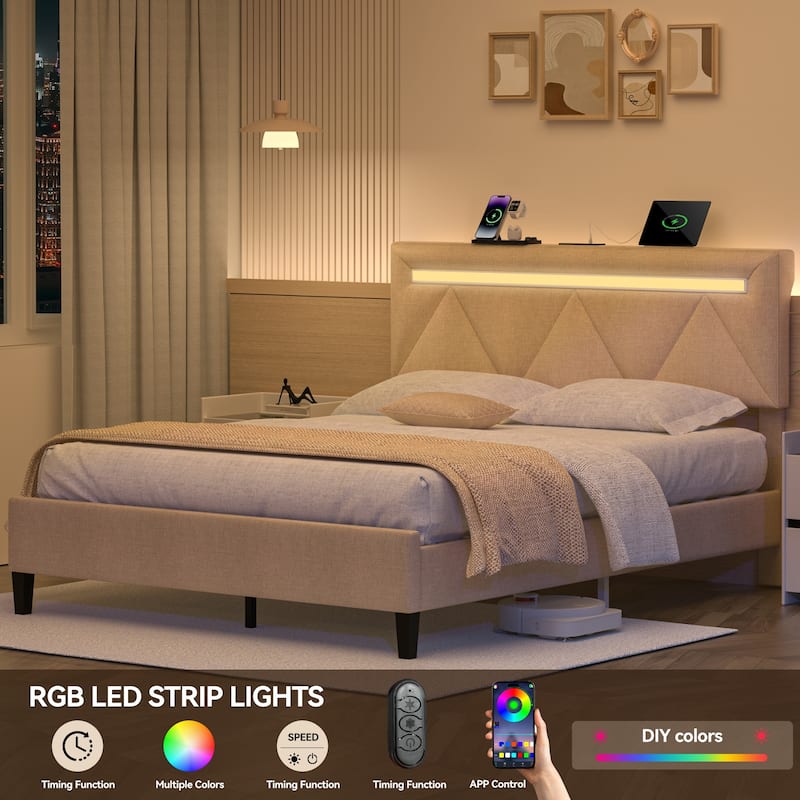 Queen Bed Frame with Headboard,Upholstered Platform Bed Frame Queen Size with Charging Station & LED Lights,Wooden Slats Support
