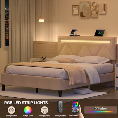Upholstered Platform Bed Frame with Adjustable Headboard, LED Light, Charging Station, No Box Spring Needed, Wooden Slat Support