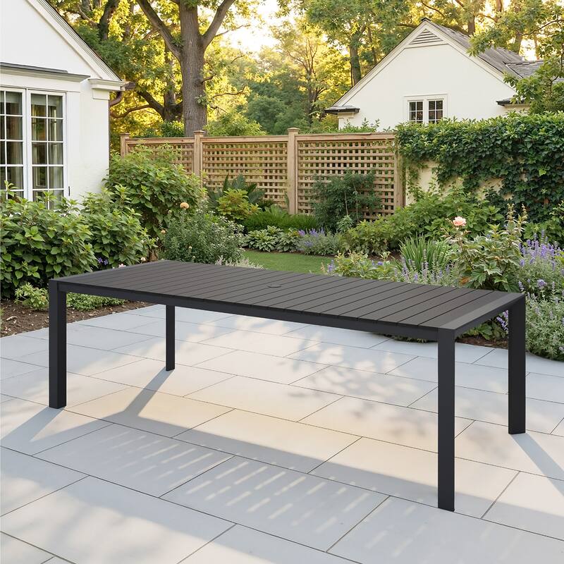 Outdoor All-Weather Aluminum Patio Rectangular Dining Table with Umbrella Hole - Black - 95.08 inches long