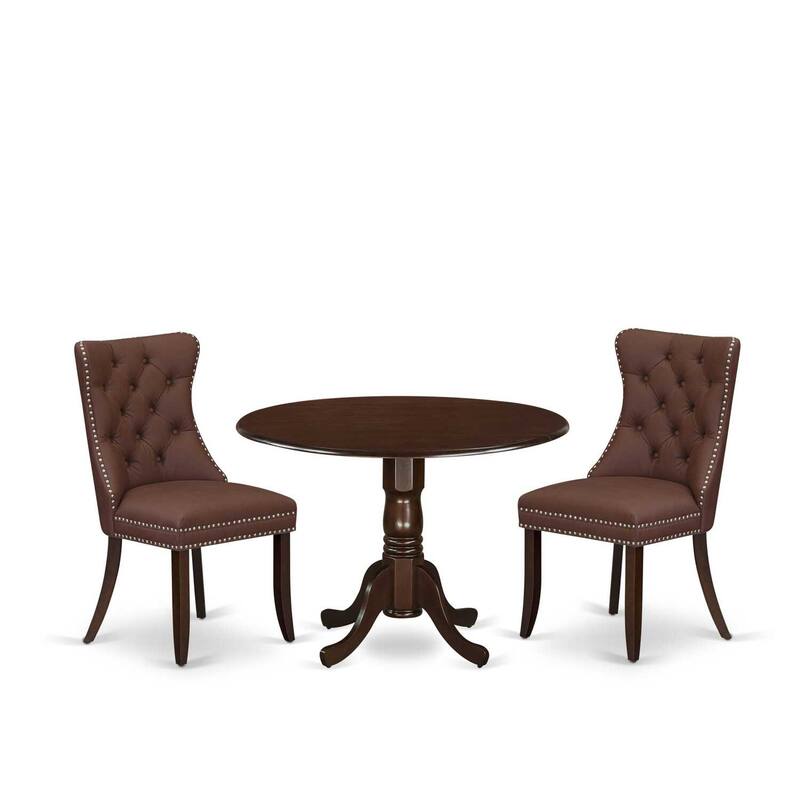 3-Piece Mahogany Finish Solid Wood Top-Round Upholstered Dining Room Set -Seats 4