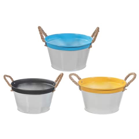 Color Block Metal Round Planter With Rope Handle (7.5") (asstd) - Set Of 3