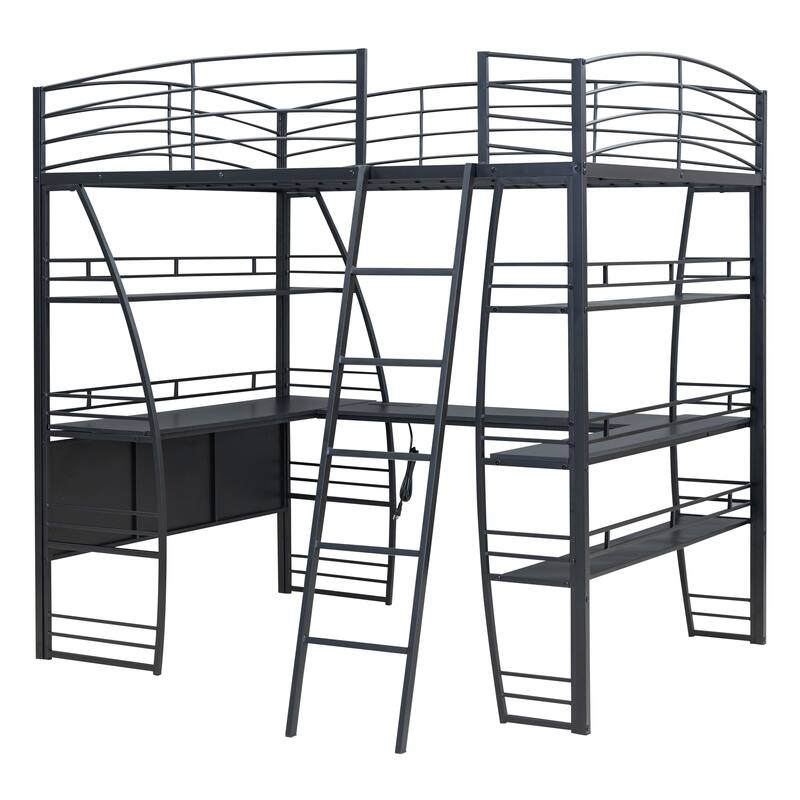 Full Size Metal Loft Bed with 4-Layer Shelving, L-Shaped Desk, USB Ports, Sockets, and Wireless Charging