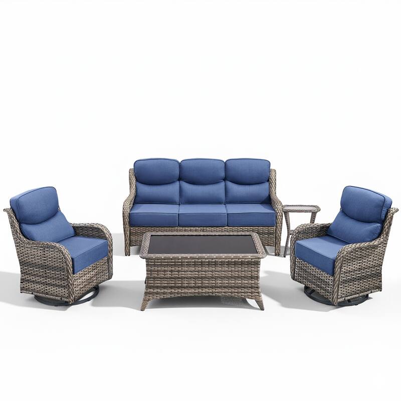 Meyreso 7-Piece Wicker Patio Conversation Set with Swivel Gliders and 6-Inch Thick Cushions