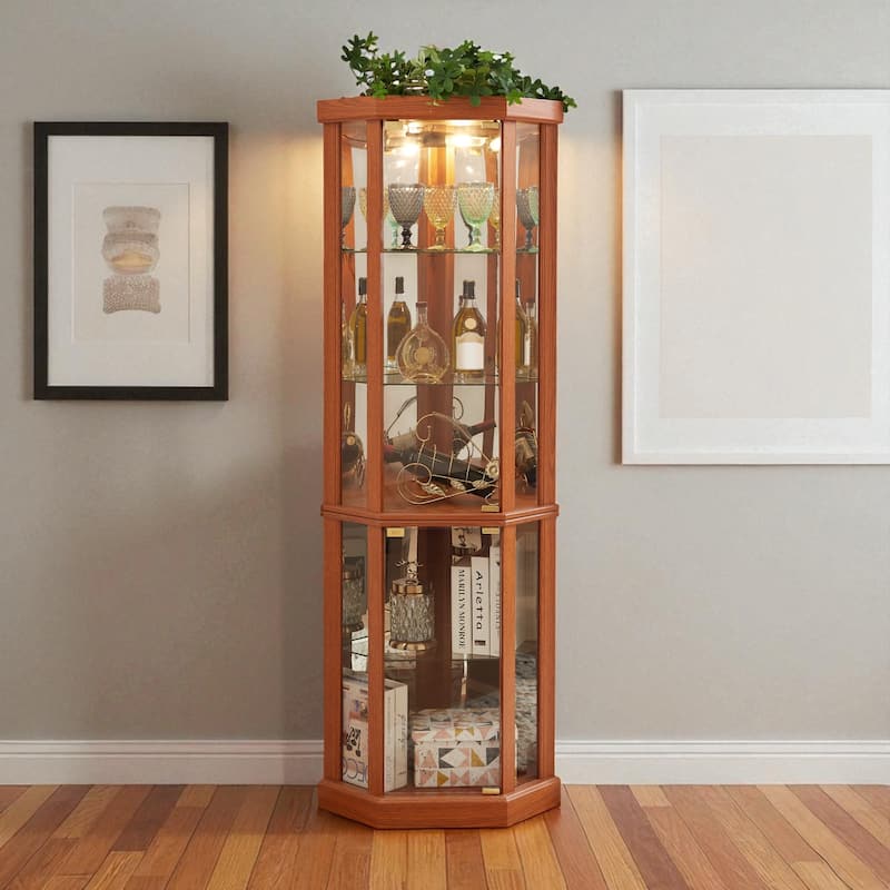 Lighted Corner Curio Cabinet with Glass Doors, Adjustable Shelves & Mirrored Back, Elegant Display Case for Wine