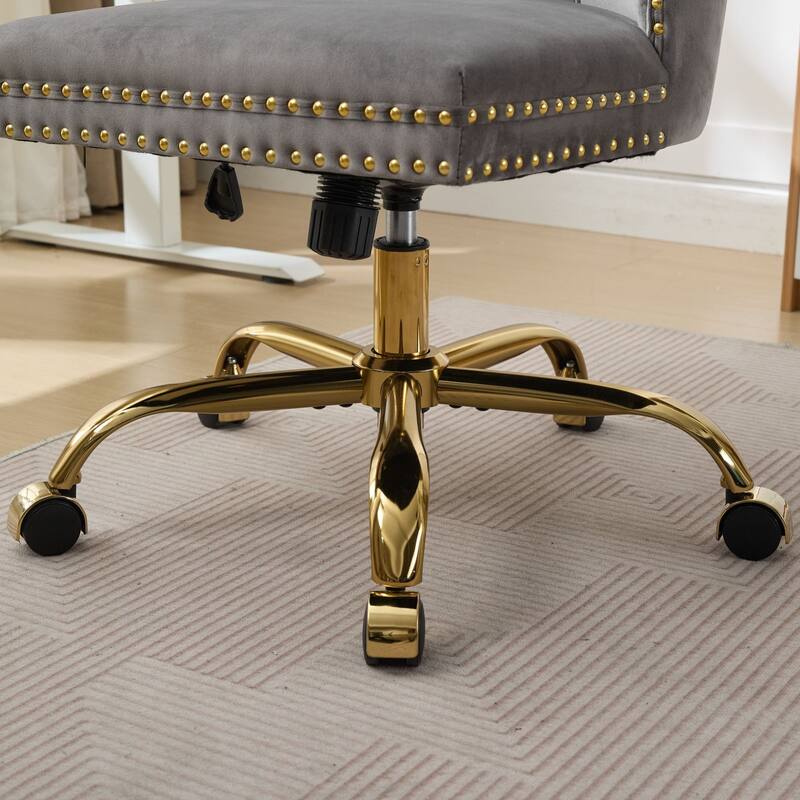GDF Studio - Velvet Tufted Upholstered Home Office Chair with Golden Metal Base with Swivel Adjustment and Elegant Button Back