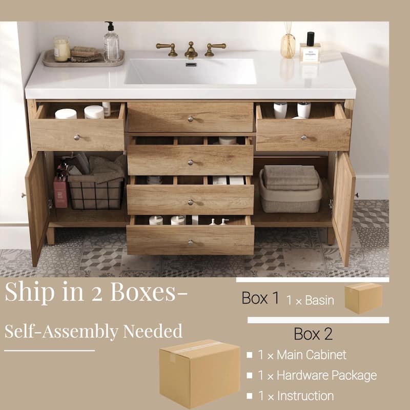 60" Bathroom Vanity with SMC Sink - Modern Large Storage Cabinet with Soft Close Drawers and Rattan Doors