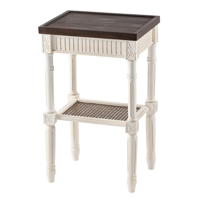 COZAYH French Country Distressed Accent Table, Espresso Tray Top and Woven Wicker Shelf, Boho, Farmhouse, Rustic Decor