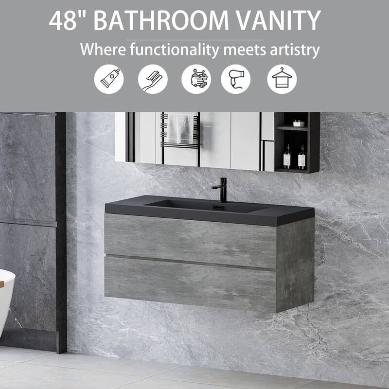24/30/36/48/60 inch Melamine Floating Bathroom Vanity with Sink and Black Quartz Sand Top Basin and Soft Close Drawers