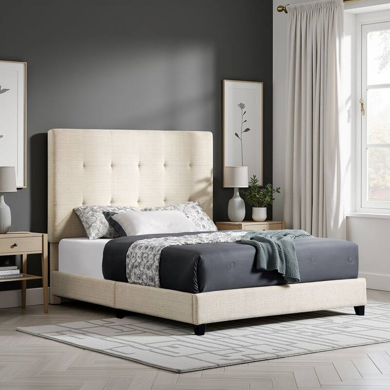 Beige Tufted Upholstered Queen Platform Bed with Headboard