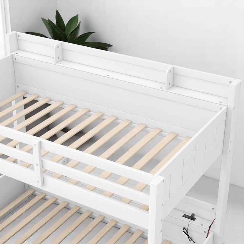 Modern Twin Over Full Bunk Bed with Storage, LED Lighting, USB & Plug Outlets, Drawer, and Guardrails