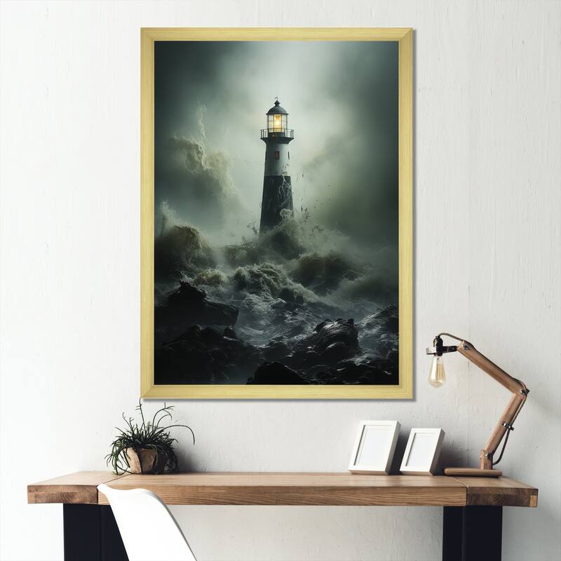 Designart "Lighthouse Battling The Stormy Waves I" Factories Framed Canvas Art Print - 24 in. wide x 32 in. high - Gold