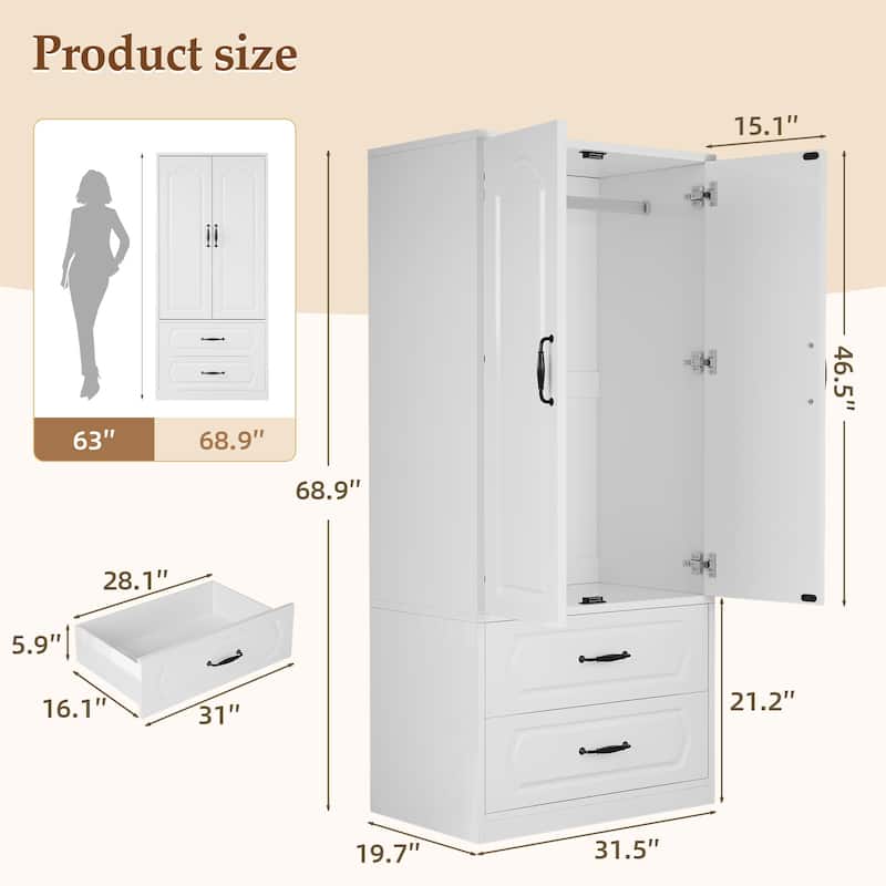 Pocassy 68.9" H Wardrobe Closet with 2 Doors and 2 Drawers