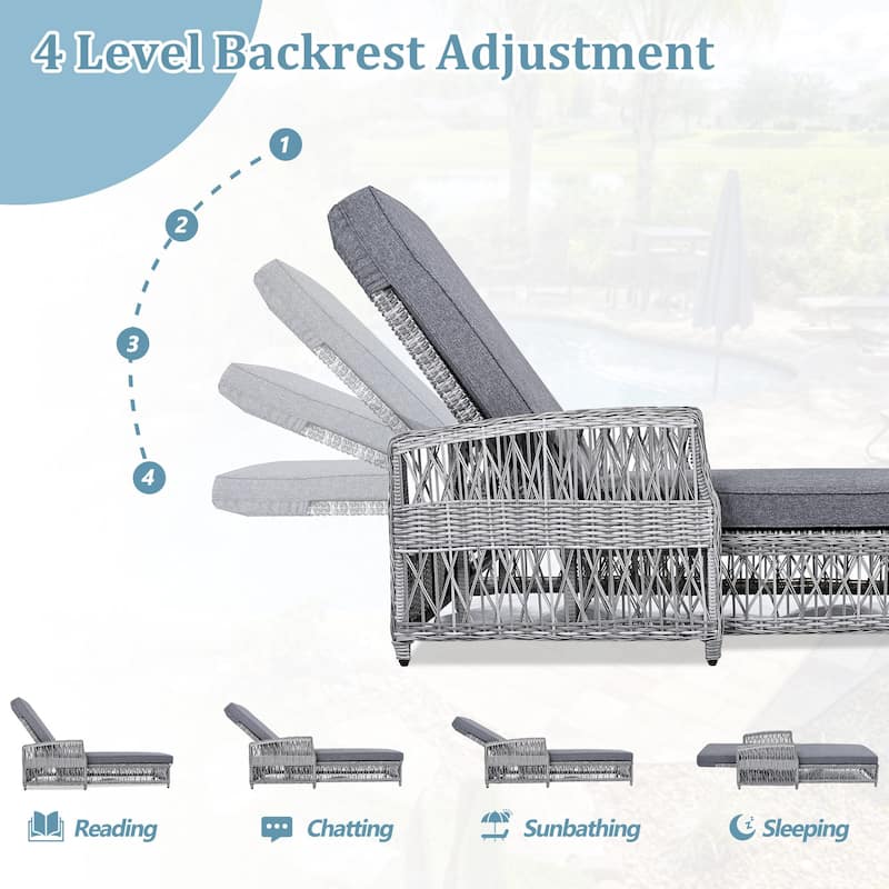 Outdoor Wicker Reclining Chaise Adjustable Pool Lounger with Cushion