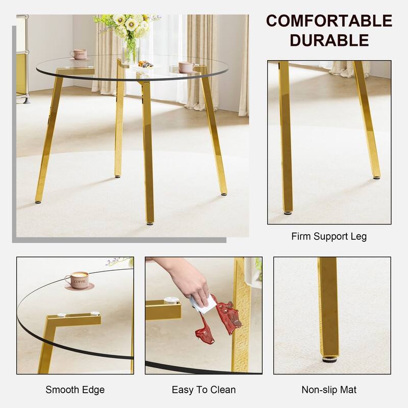 Modern 42" Round Transparent Tempered Glass Table with Golden Metal Base for Kitchen, Dining & Living Room