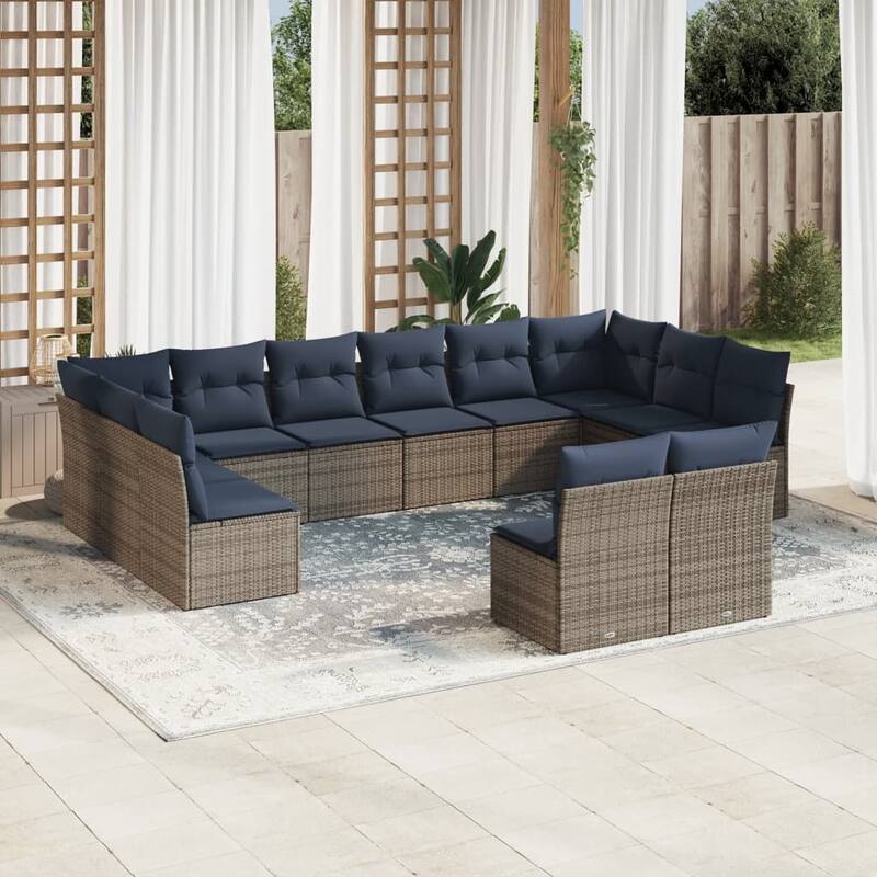 vidaXL 11/12 Piece Patio Sofa Set with Cushions Black/Brown/Gray Poly Rattan - 21.7 x 24.4 x 27.2 - Beige and gray Without table