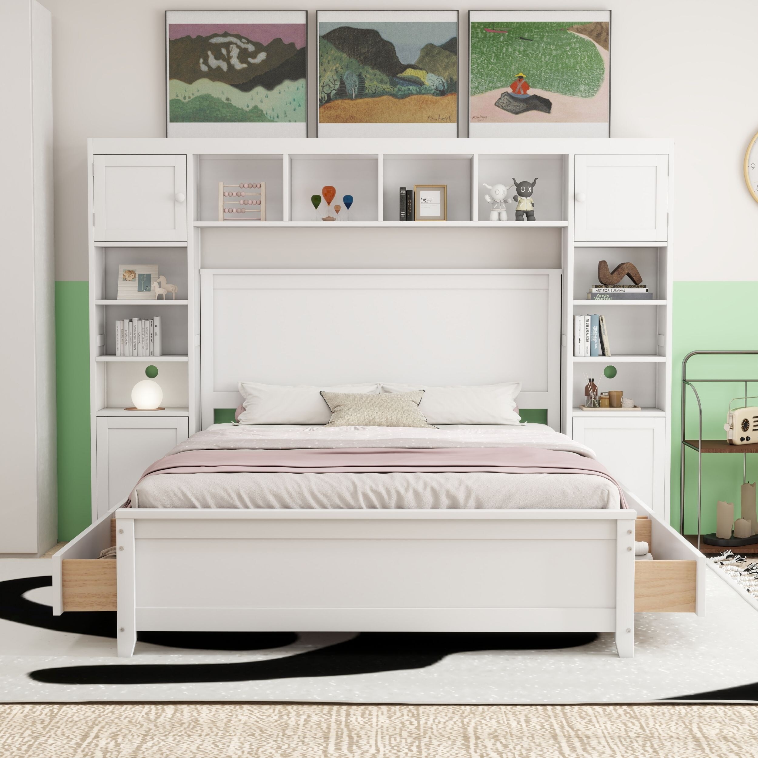 Modern Platform Bed with Integrated Cabinet, Trundle Bed and Drawers