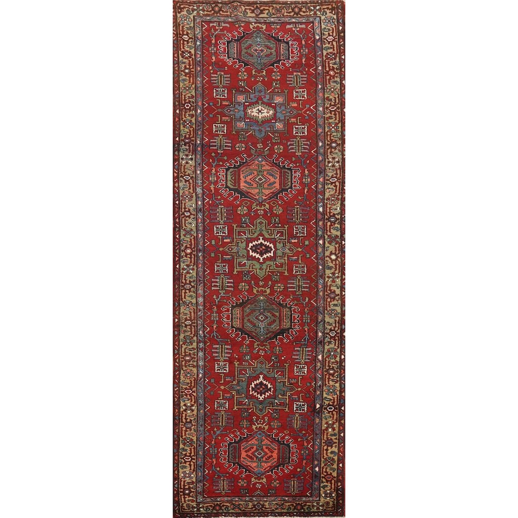 Hand Knotted Oriental 100% Wool Carpet Traditional Tribal Red Heriz (serapi) Runner Rug - 11' 0'' X 3' 1''