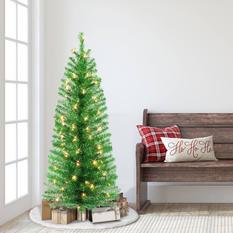 4.5' Pre-lit Green Tinsel Slim Artificial Christmas Tree, Clear Lights - 4.5 Foot
