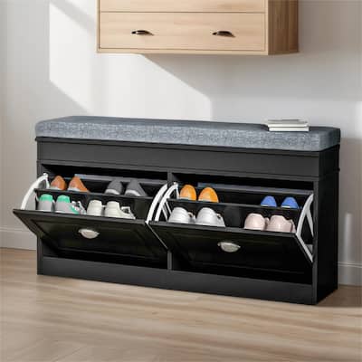 Modern Shoe Rack Bench with Cushion, 2 Drawers, Adjustable Shelf