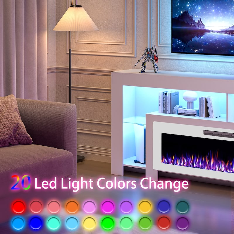 BOSSIN 82" Electric Fireplace TV Stand Entertainment Center, High Gloss with LED Lights, Holds TVs Up to 90 Inches, White