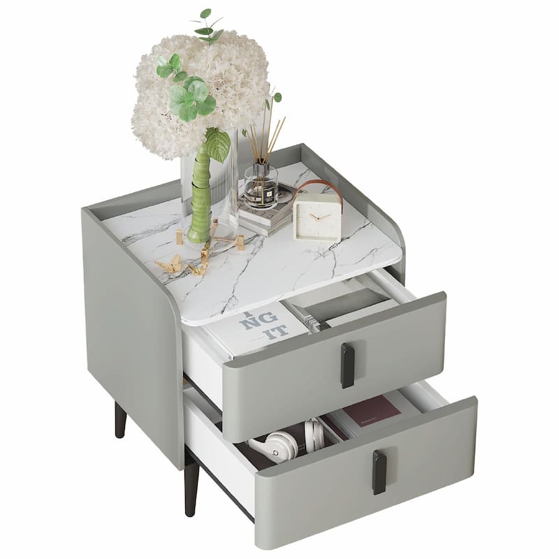 Nightstand with 2 Drawers and Marble-Pattern Tabletop