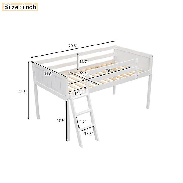 White Twin Size Low Solid Wood Loft Bed with Ladder and Safety Fence for Children