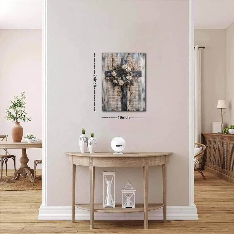 Vintage Cross Christian Wall Art, White Rose Wreath Canvas Paintings